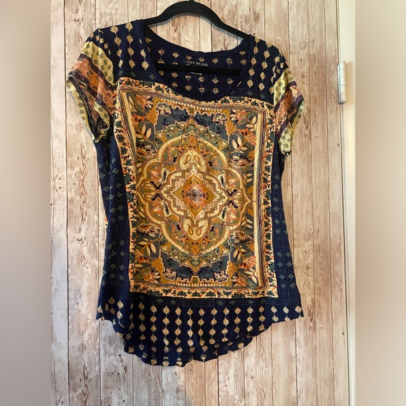 Lucky Brand women's large top Persian carpet design blue boho S/S Shirt - Picture 1 of 5